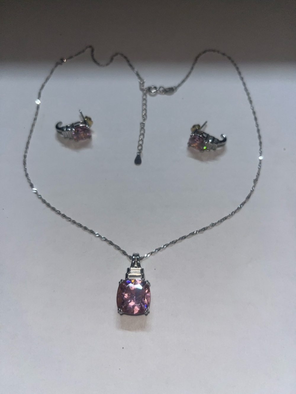 Pink ice, pendant, and earrings set .925 on an 18 inch chain